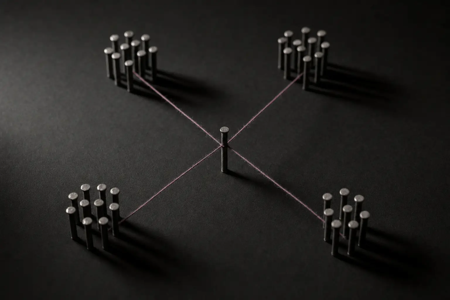 A matte black board seen from above. One steel pin stands at the centre. Four loose clusters of identical steel pins surround it, each the same distance away but in a different direction. Four plum threads of equal length run from the centre pin to each cluster.