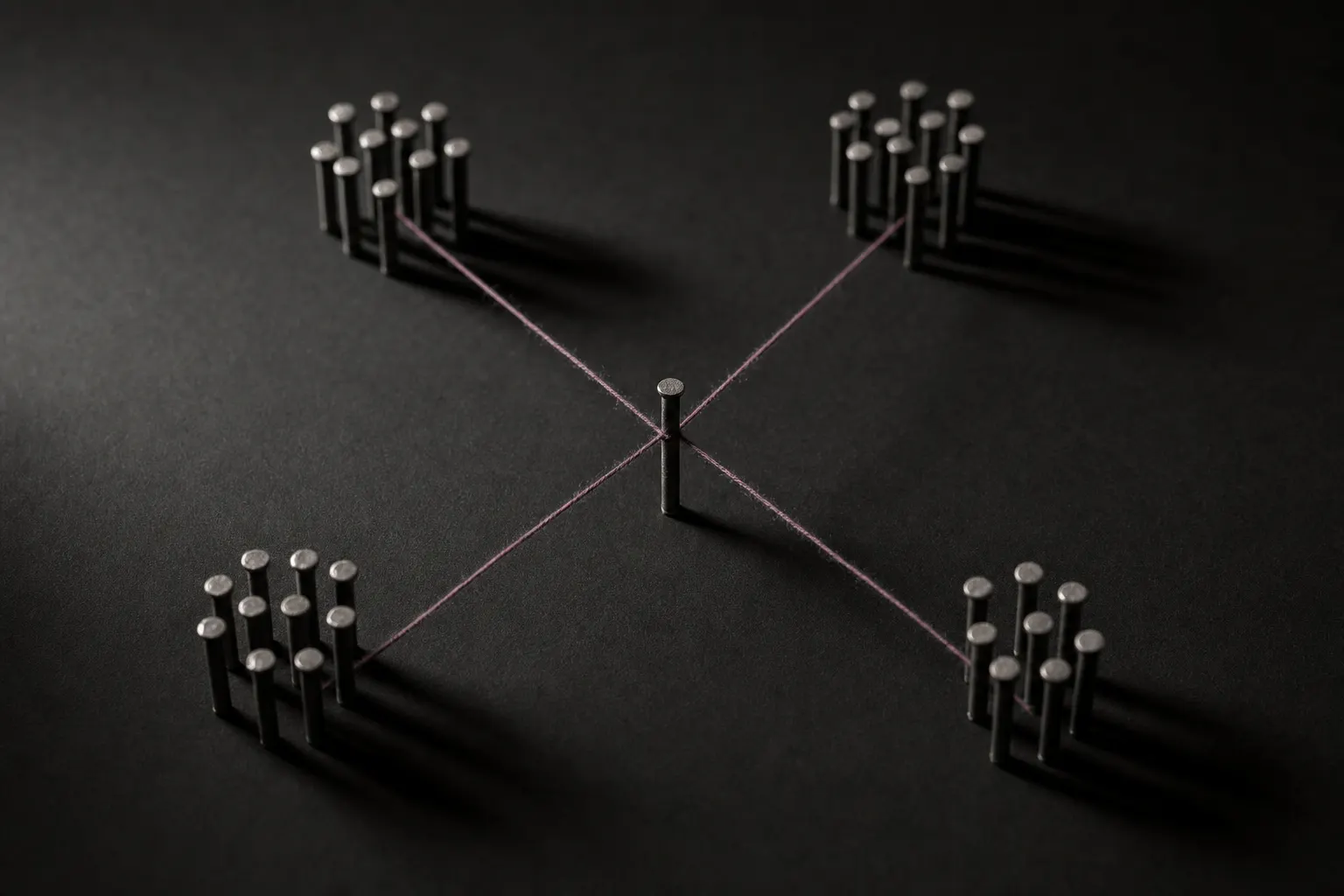 A matte black board seen from above. One steel pin stands at the centre. Four loose clusters of identical steel pins surround it, each the same distance away but in a different direction. Four plum threads of equal length run from the centre pin to each cluster.