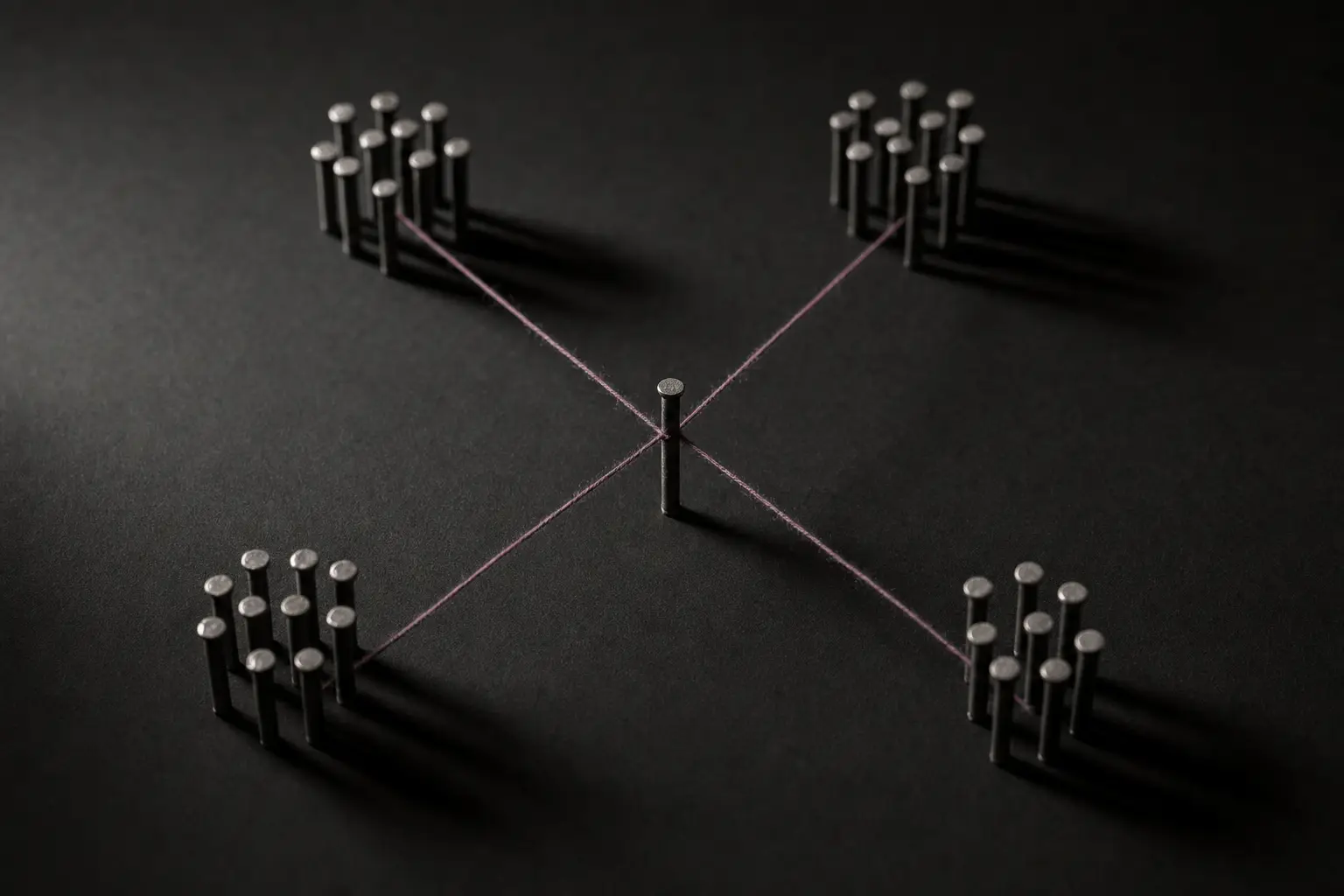 A matte black board seen from above. One steel pin stands at the centre. Four loose clusters of identical steel pins surround it, each the same distance away but in a different direction. Four plum threads of equal length run from the centre pin to each cluster.