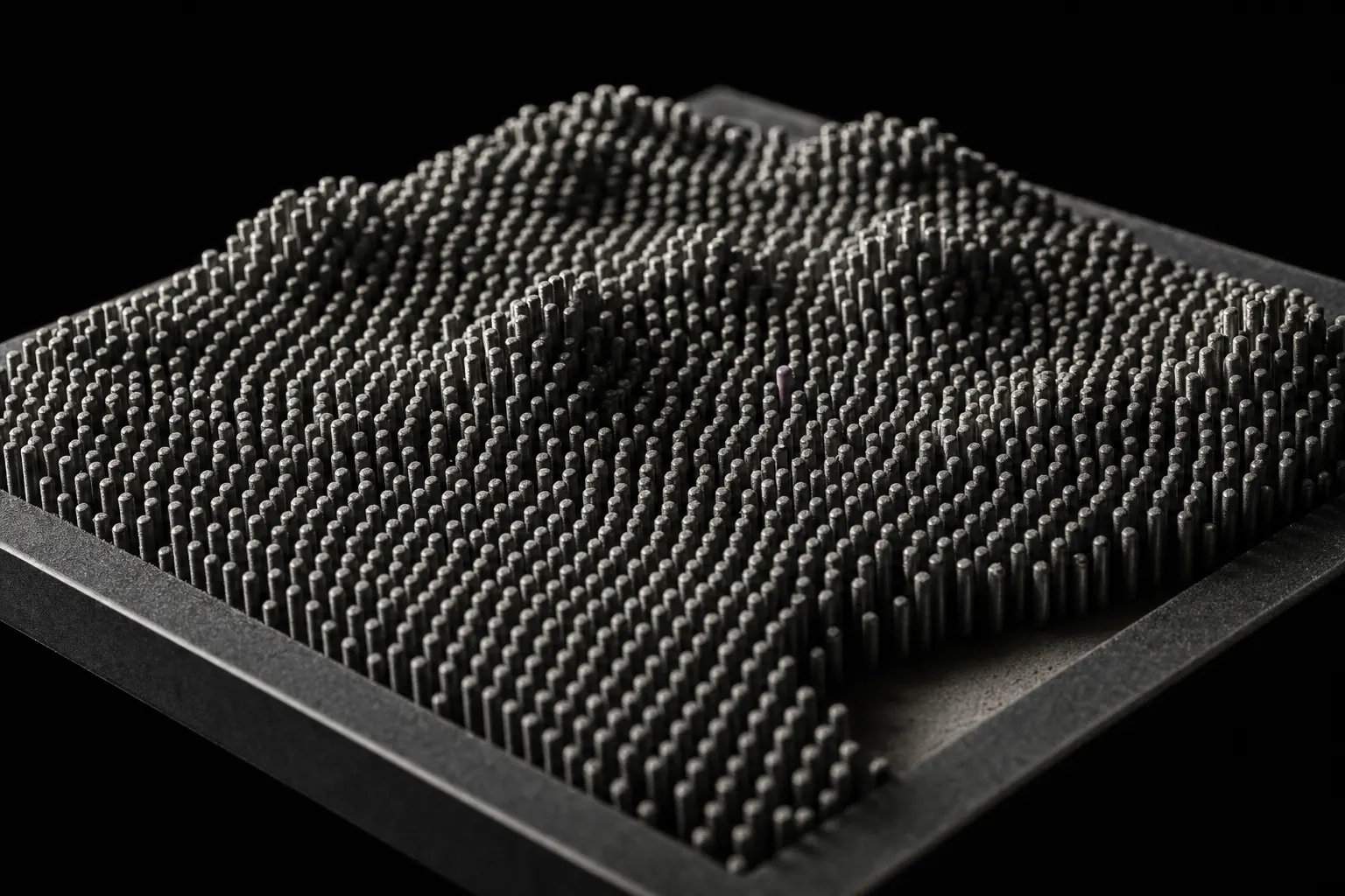 A dense grid of hundreds of blunt steel pins in a matte black frame, each pushed to a different height so their tips form a soft continuous relief of ridges and hollows that resembles no recognisable object. A few pins near one edge stand markedly lower. One pin, off centre, is plum.