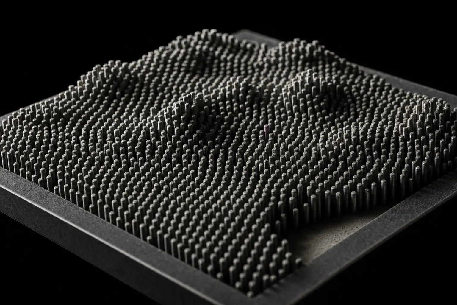 A dense grid of hundreds of blunt steel pins in a matte black frame, each pushed to a different height so their tips form a soft continuous relief of ridges and hollows that resembles no recognisable object. A few pins near one edge stand markedly lower. One pin, off centre, is plum.