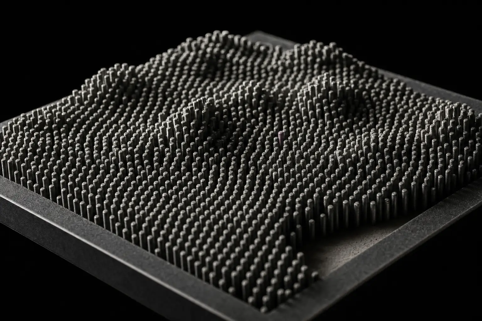 A dense grid of hundreds of blunt steel pins in a matte black frame, each pushed to a different height so their tips form a soft continuous relief of ridges and hollows that resembles no recognisable object. A few pins near one edge stand markedly lower. One pin, off centre, is plum.