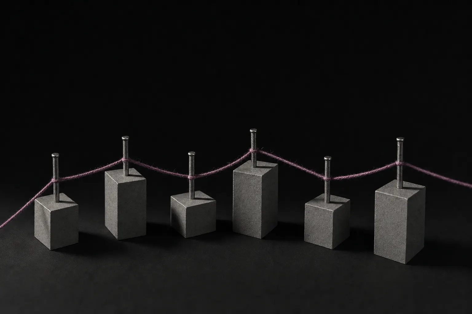 Six small grey plinths of different heights in a shallow arc against black, each carrying an identical steel pin. One continuous plum thread passes through every pin, linking them into a single line.
