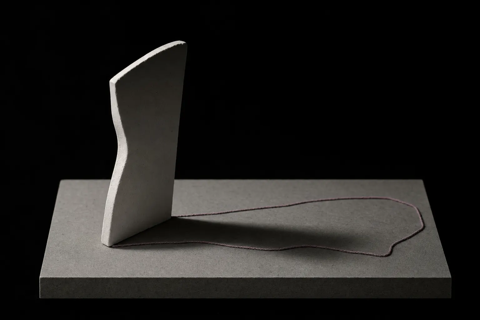 A single matte plaster form on a low grey plinth against black, lit so it casts one long precise shadow. A fine plum thread traces the outline of the shadow rather than the object.