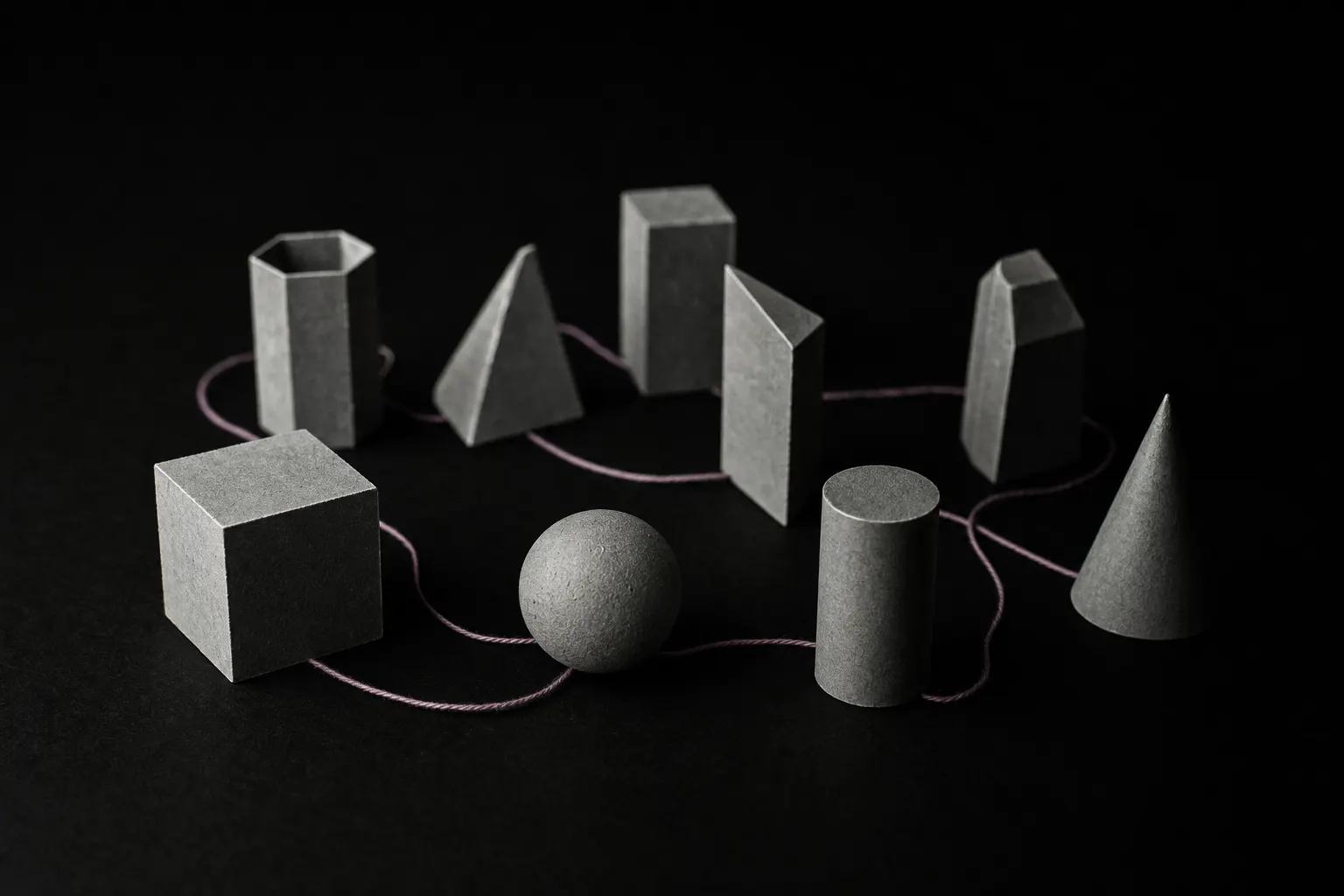 Nine small matte grey geometric solids of different shapes arranged in a loose grid against black, each casting its own hard shadow. One continuous plum thread weaves between all of them at their bases.